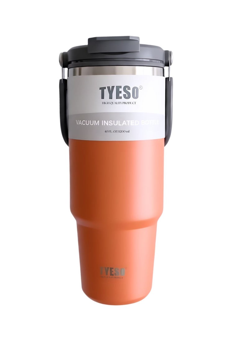 TYESO 1200ml Vacuum Insulated Tumbler 40oz Stainless Steel Travel Mug with Handle & Lid – Double Wall Thermal Water Bottle for Hot & Cold Drinks, Leakproof Large Capacity Cup – Orange - Image 2
